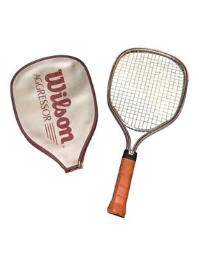 VintageWilson Tennis Racket with White and Maroon Cover and Orange Grip - Wilson